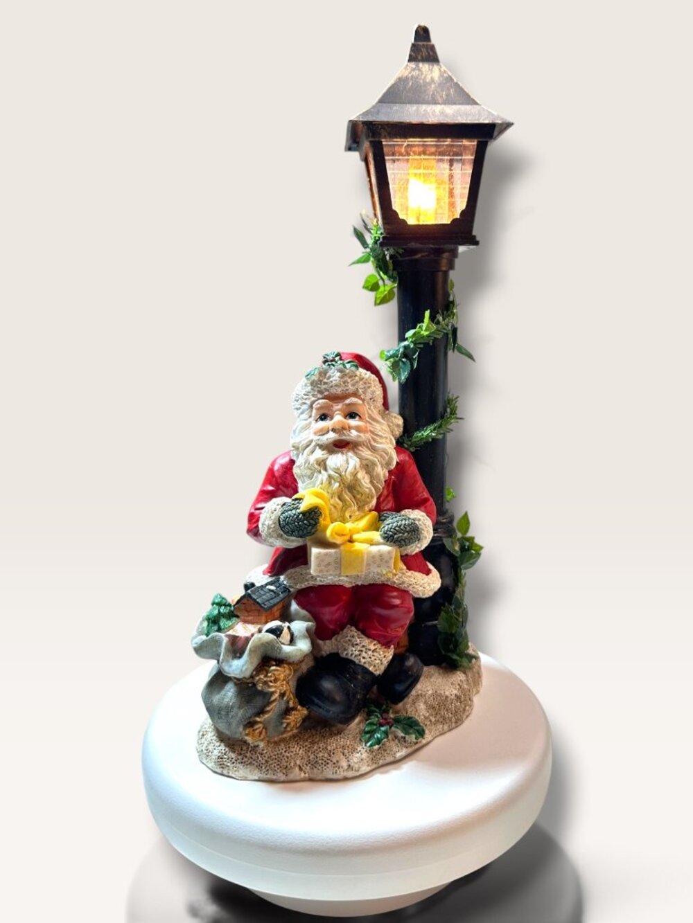 Sylvania Santa With Street Lamp Figurine With Light-Up Feature & On/Off Switch I